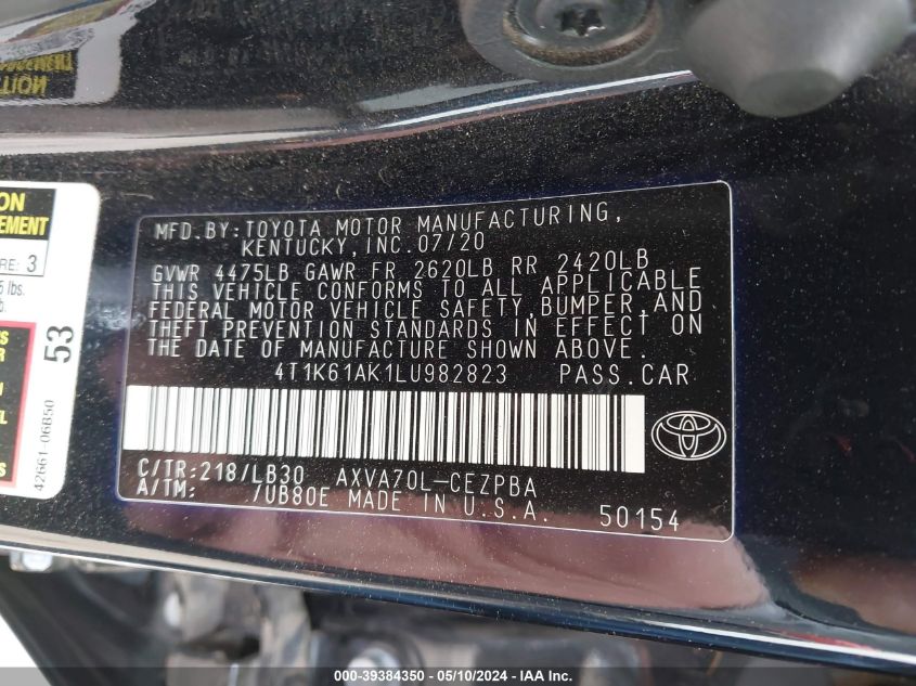 4T1K61AK1LU982823 2020 Toyota Camry Xse