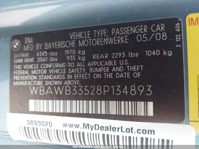 2008 BMW 328I VIN: WBAWB33528P134893 Lot: 39384357