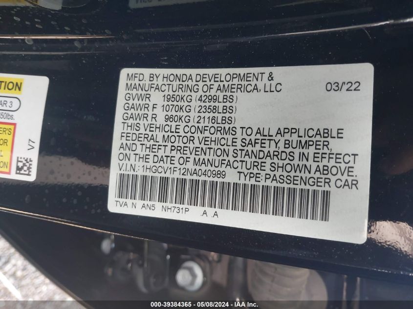 2022 Honda Accord Lx VIN: 1HGCV1F12NA040989 Lot: 39384365