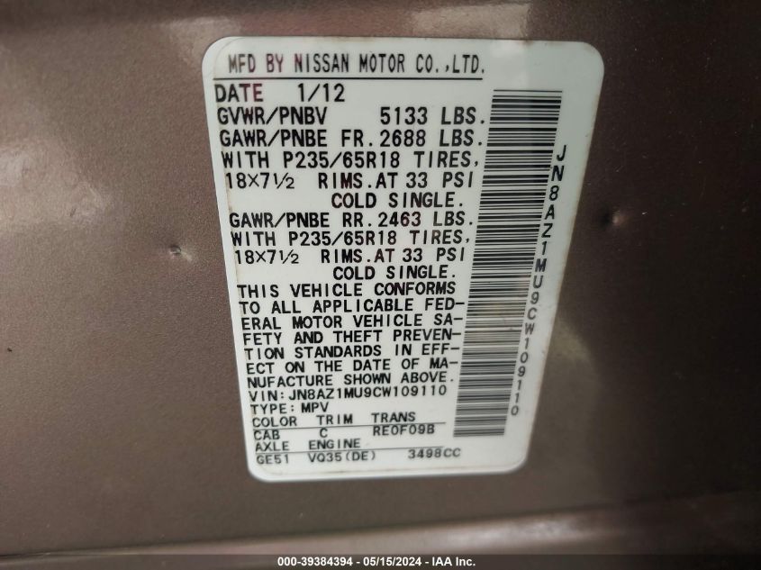 2012 Nissan Murano Sl VIN: JN8AZ1MU9CW109110 Lot: 39384394