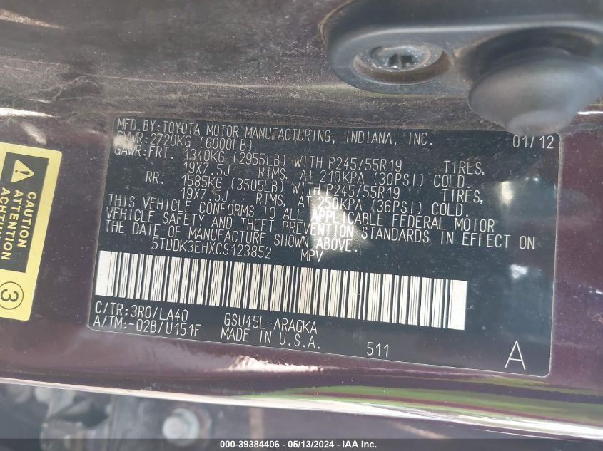 2012 Toyota Highlander Limited V6 VIN: 5TDDK3EHXCS123852 Lot: 39384406