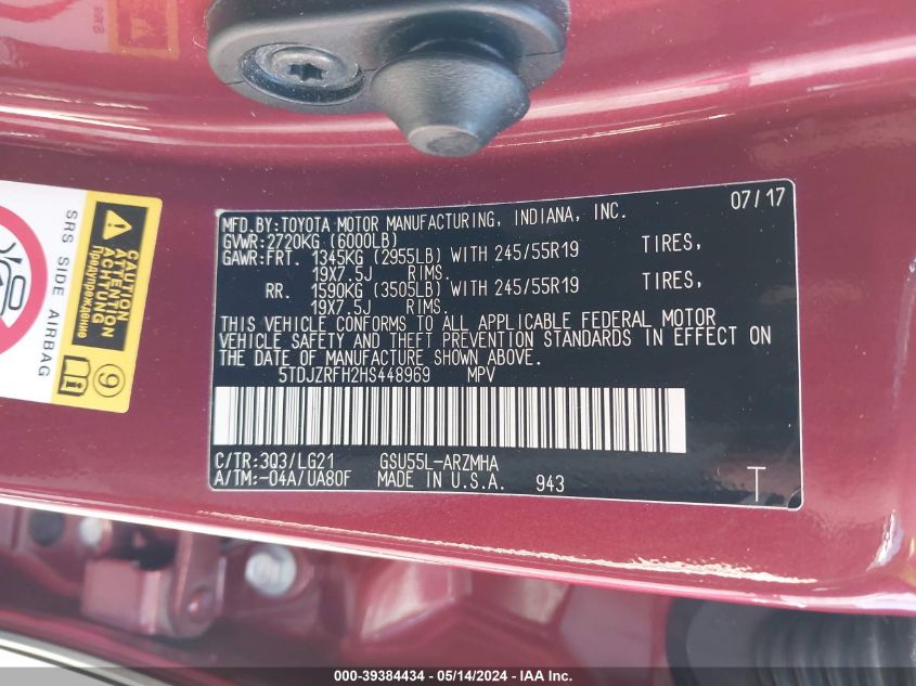 2017 Toyota Highlander Se/Xle VIN: 5TDJZRFH2HS448969 Lot: 39384434