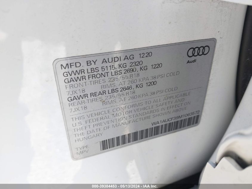 2021 Audi Q3 Premium 40 Tfsi Quattro Tiptronic VIN: WA1AUCF39M1063572 Lot: 39384453