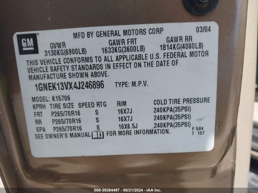 2004 Chevrolet Tahoe Ls VIN: 1GNEK13VX4J246896 Lot: 39384497