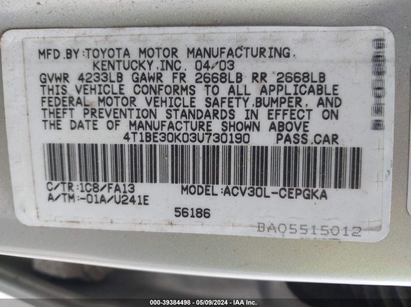 2003 Toyota Camry Xle VIN: 4T1BE30K03U730190 Lot: 39384498