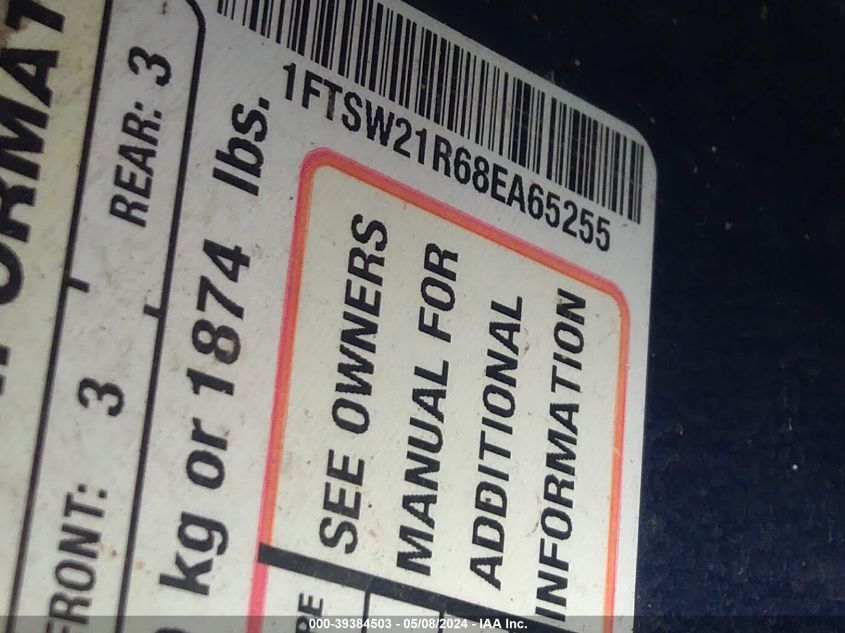2008 Ford F-250 Fx4/Harley-Davidson/King Ranch/Lariat/Xl/Xlt VIN: 1FTSW21R68EA65255 Lot: 39384503