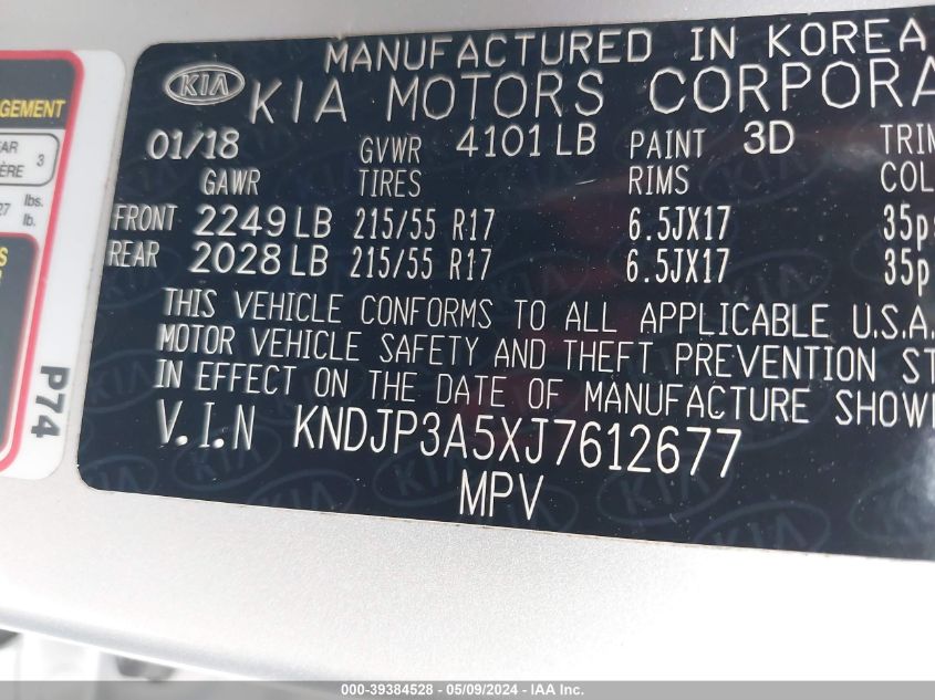 2018 Kia Soul + VIN: KNDJP3A5XJ7612677 Lot: 39384528