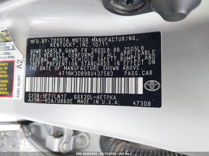 4T1BK3DB9BU437583 2011 Toyota Avalon Limited