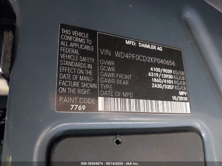 2019 Mercedes-Benz Sprinter 2500 High Roof V6/Standard Roof V6 VIN: WD4PF0CD2KP040656 Lot: 39384574