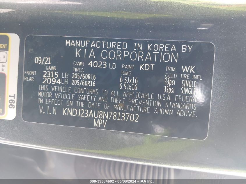 2022 Kia Soul Lx VIN: KNDJ23AU8N7813702 Lot: 39384602