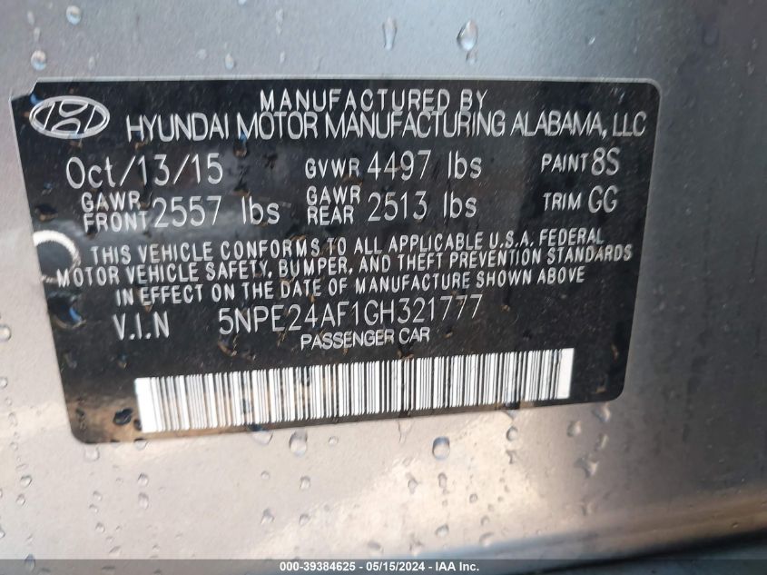 2016 Hyundai Sonata Se VIN: 5NPE24AF1GH321777 Lot: 39384625