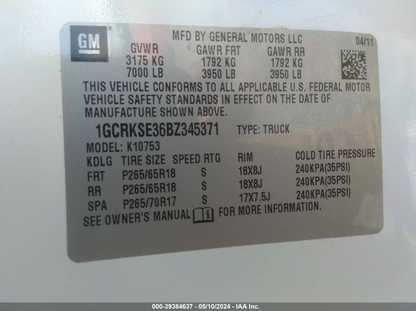 2011 Chevrolet Silverado 1500 Lt VIN: 1GCRKSE36BZ345371 Lot: 39384637