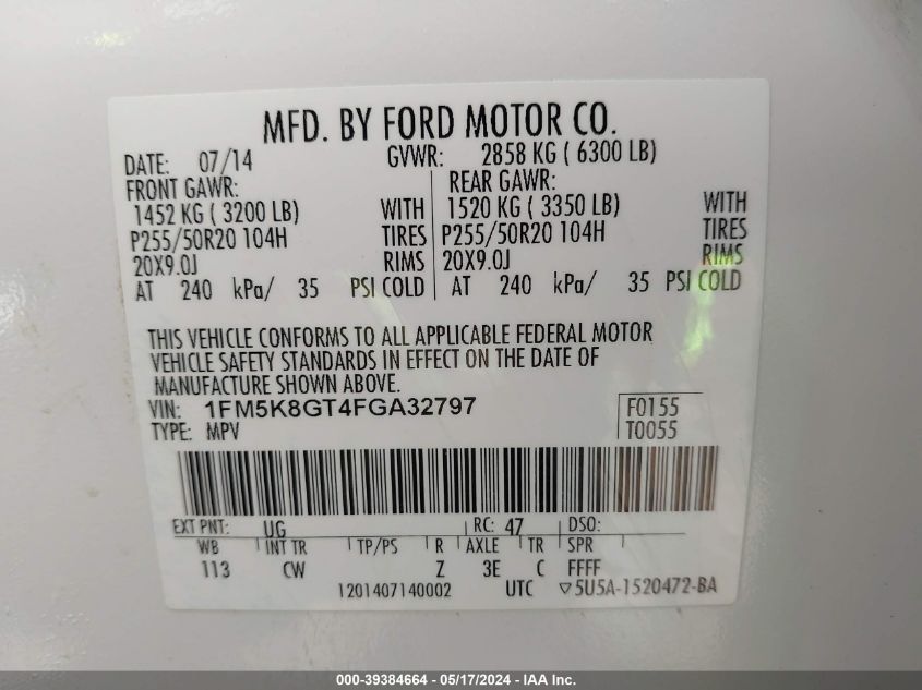 2015 FORD EXPLORER SPORT - 1FM5K8GT4FGA32797