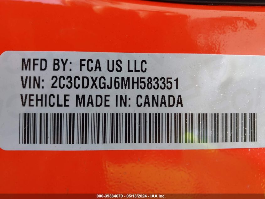 2021 Dodge Charger Scat Pack Widebody Rwd VIN: 2C3CDXGJ6MH583351 Lot: 39384670