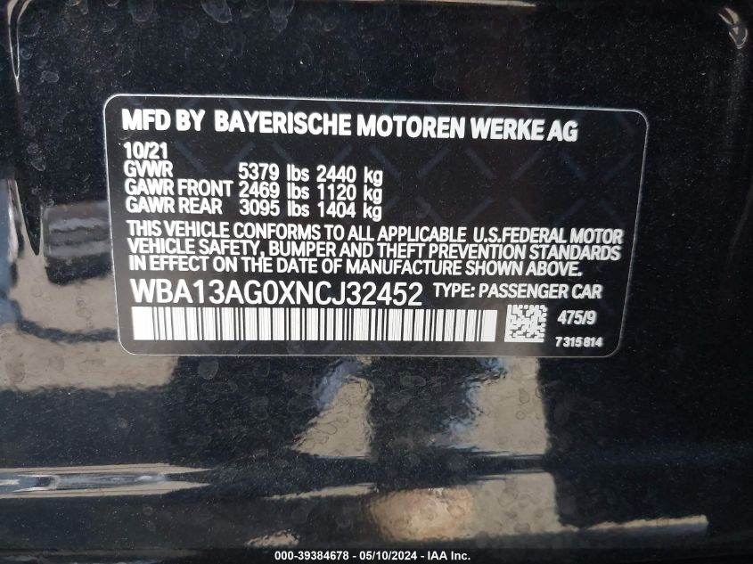 WBA13AG0XNCJ32452 2022 BMW 530E