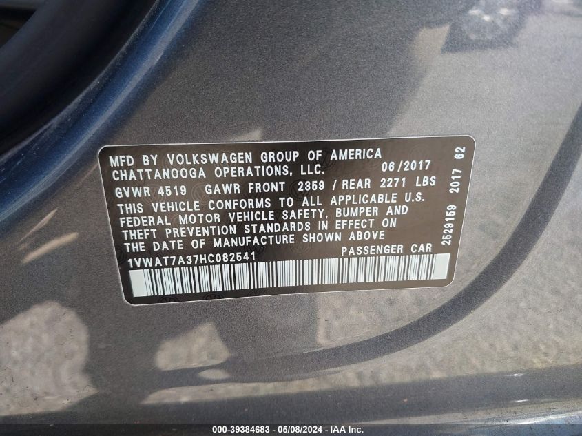 VIN 1VWAT7A37HC082541 2017 VOLKSWAGEN PASSAT 1.8T S