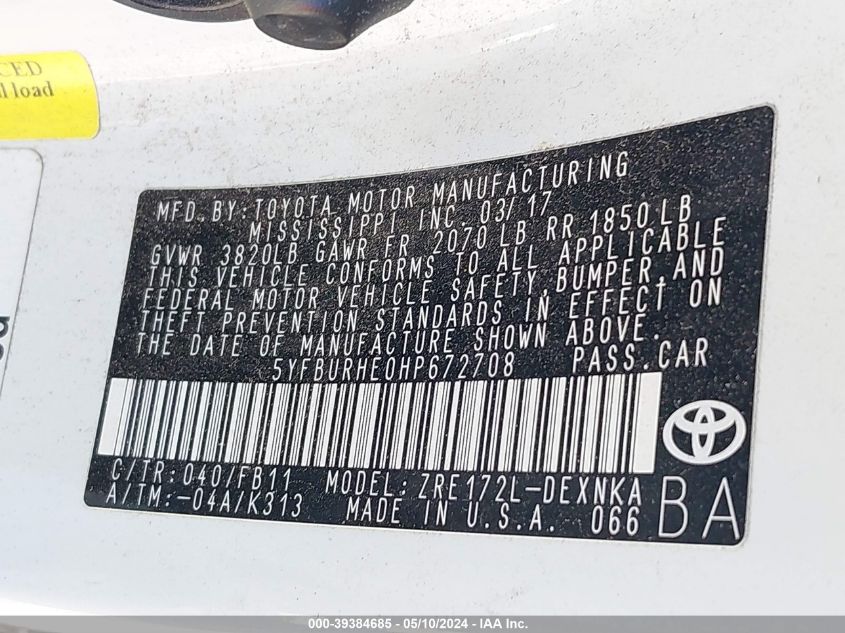 2017 Toyota Corolla Le VIN: 5YFBURHE0HP672708 Lot: 39384685