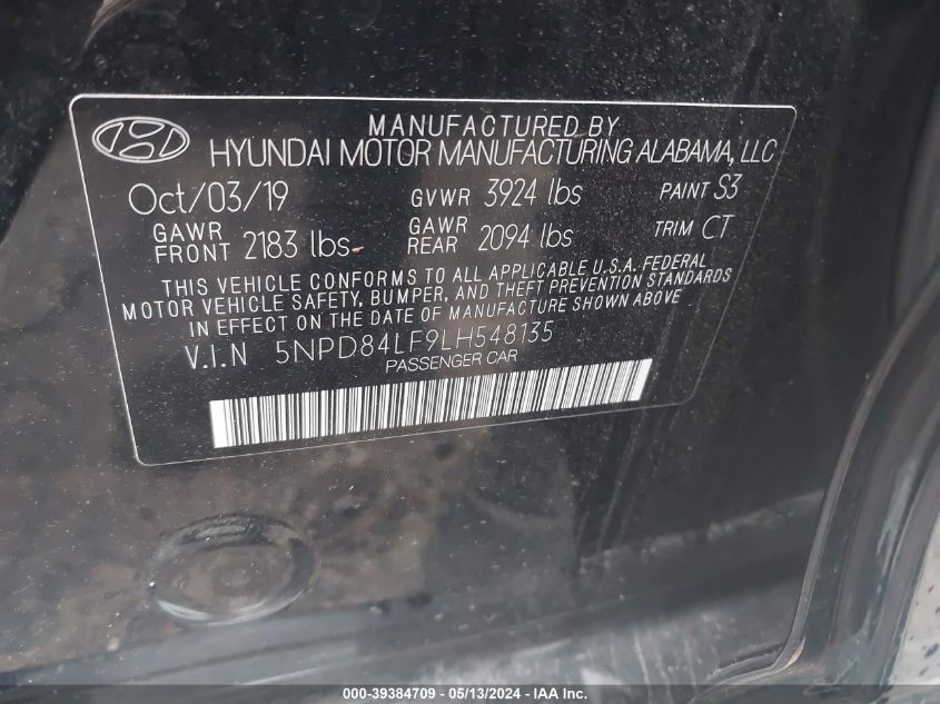 2020 Hyundai Elantra Sel VIN: 5NPD84LF9LH548135 Lot: 39384709