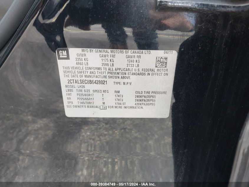 2011 GMC Terrain Sle-2 VIN: 2CTALSEC8B6428021 Lot: 39384749