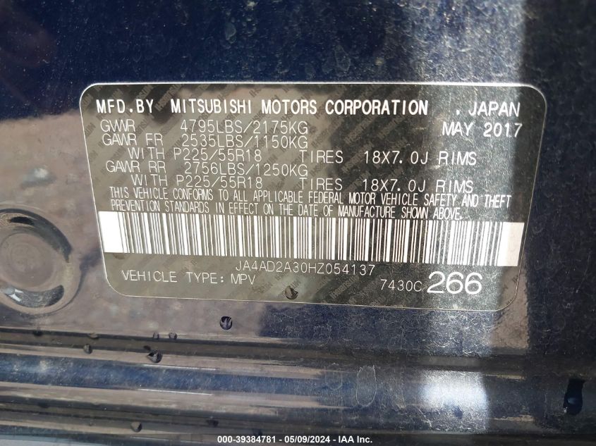 2017 Mitsubishi Outlander Es VIN: JA4AD2A30HZ054137 Lot: 39384781