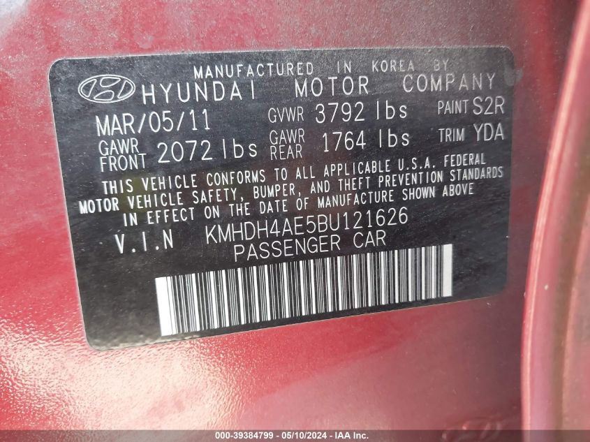 2011 Hyundai Elantra Gls (Ulsan Plant) VIN: KMHDH4AE5BU121626 Lot: 39384799