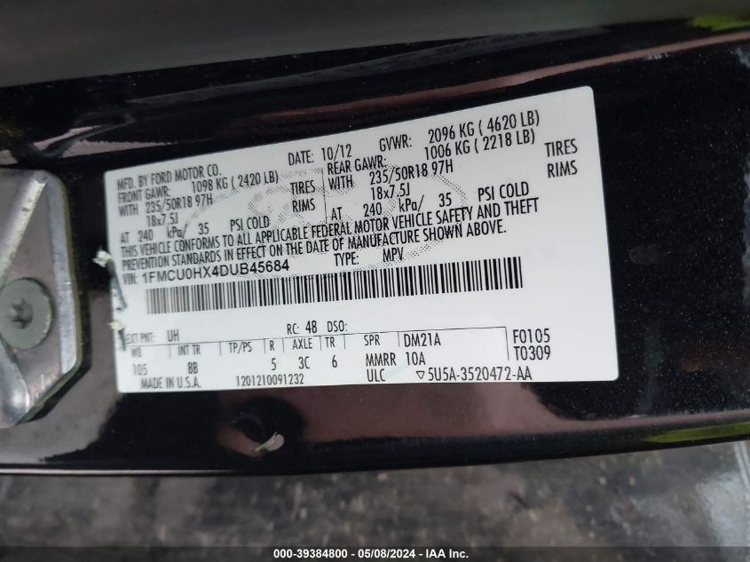 2013 Ford Escape Sel VIN: 1FMCU0HX4DUB45684 Lot: 39384800