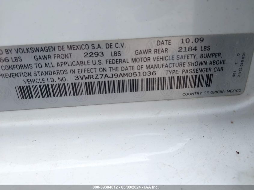 2010 Volkswagen Jetta Se VIN: 3VWRZ7AJ9AM051036 Lot: 39384812