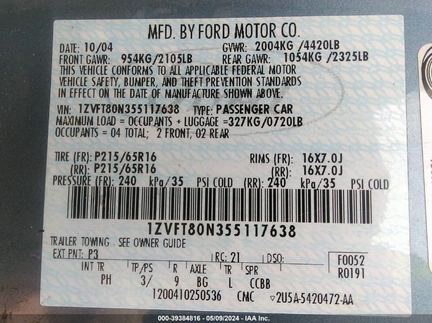 2005 Ford Mustang V6 Deluxe/V6 Premium VIN: 1ZVFT80N355117638 Lot: 39384816