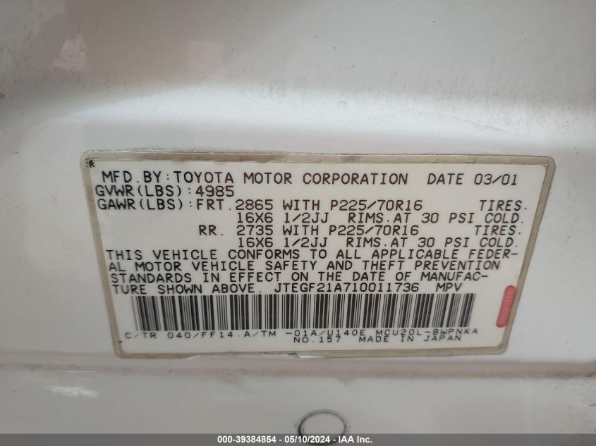 2001 Toyota Highlander V6 VIN: JTEGF21A710011736 Lot: 39384854