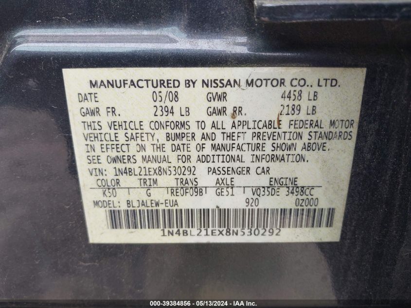 2008 Nissan Altima 3.5 Sl VIN: 1N4BL21EX8N530292 Lot: 39384856