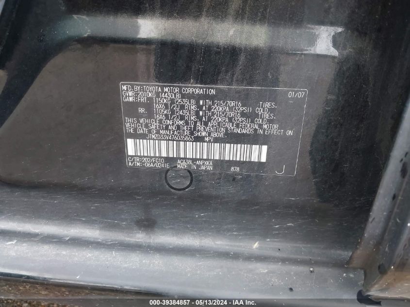 2007 Toyota Rav4 VIN: JTMZD33V476035863 Lot: 39384857