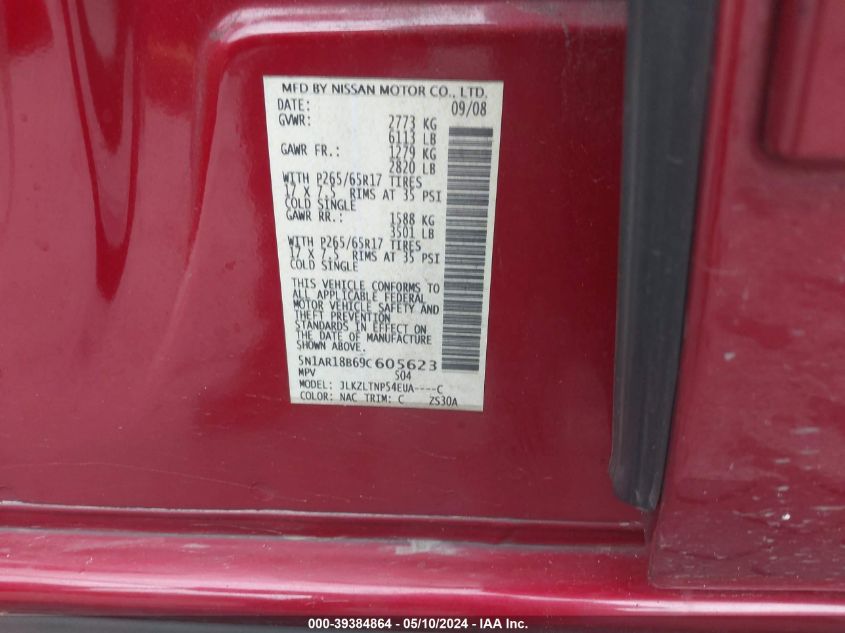 2009 Nissan Pathfinder Se VIN: 5N1AR18B69C605623 Lot: 39384864