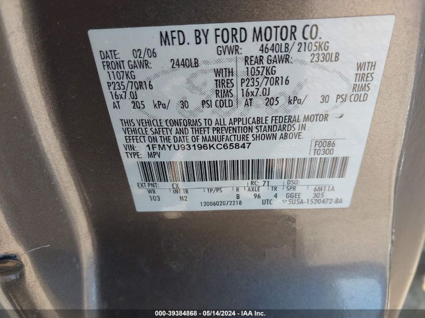 2006 Ford Escape Xlt/Xlt Sport VIN: 1FMYU93196KC65847 Lot: 39384868