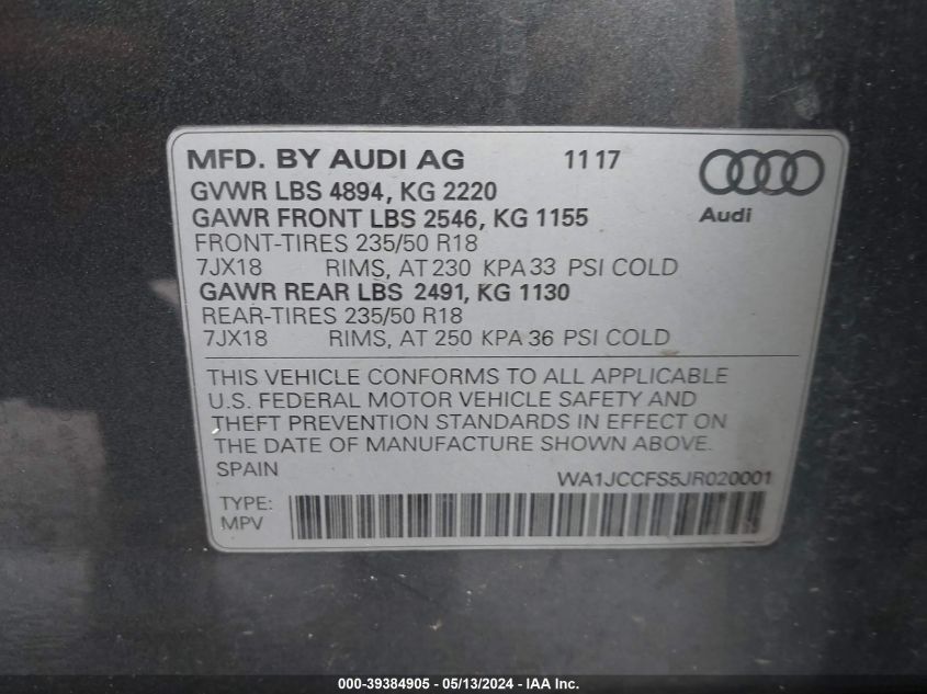 2018 Audi Q3 2.0T Premium/2.0T Sport Premium VIN: WA1JCCFS5JR020001 Lot: 39384905