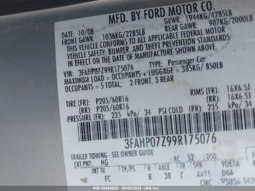 2009 Ford Fusion Se VIN: 3FAHP07Z99R175076 Lot: 39384929