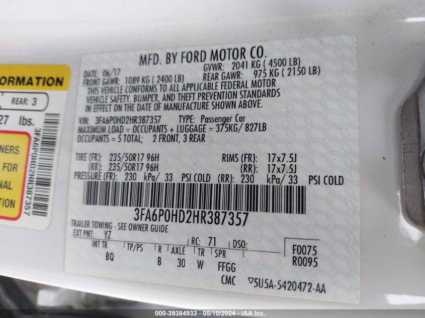 VIN 3FA6P0HD2HR387357 2017 FORD FUSION SE