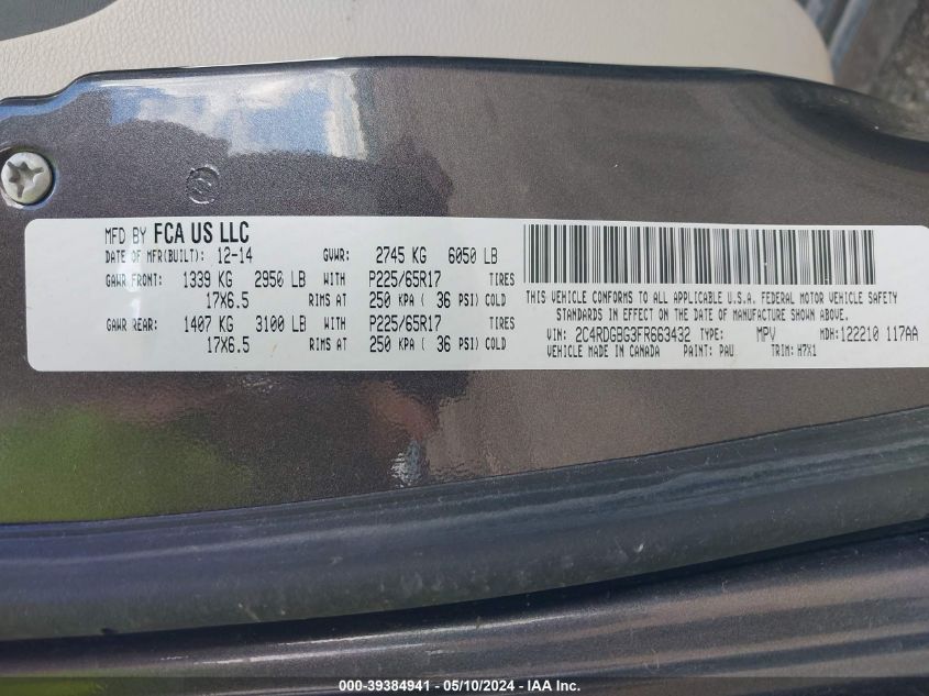 2015 Dodge Grand Caravan Se VIN: 2C4RDGBG3FR663432 Lot: 39384941