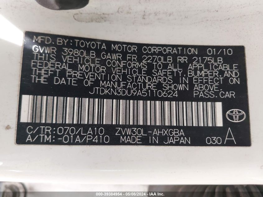 2010 Toyota Prius Iv VIN: JTDKN3DU9A5110624 Lot: 39384954