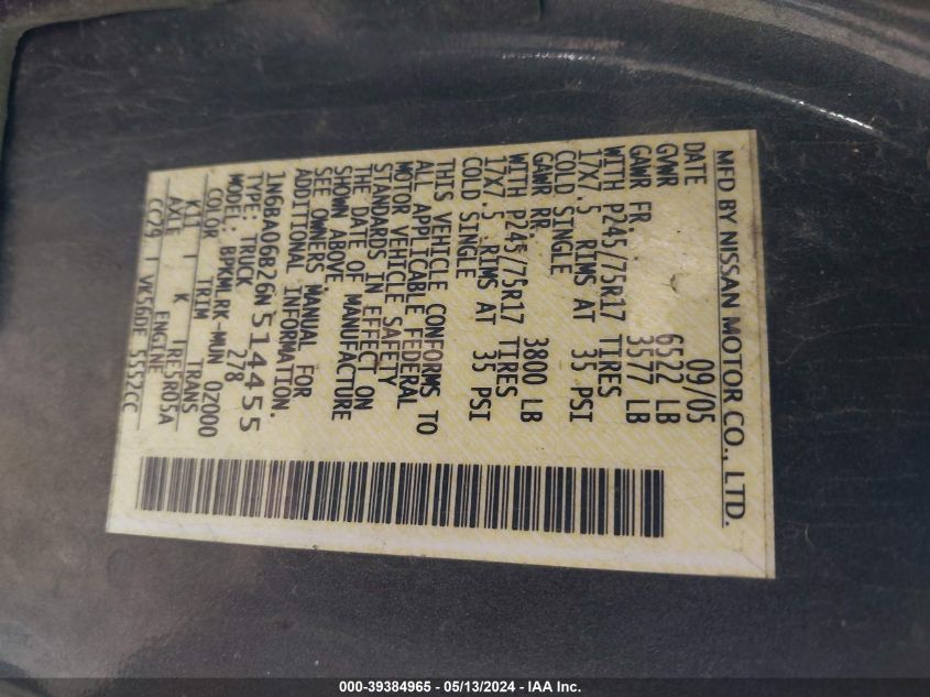 2006 Nissan Titan Xe VIN: 1N6BA06B26N514455 Lot: 39384965