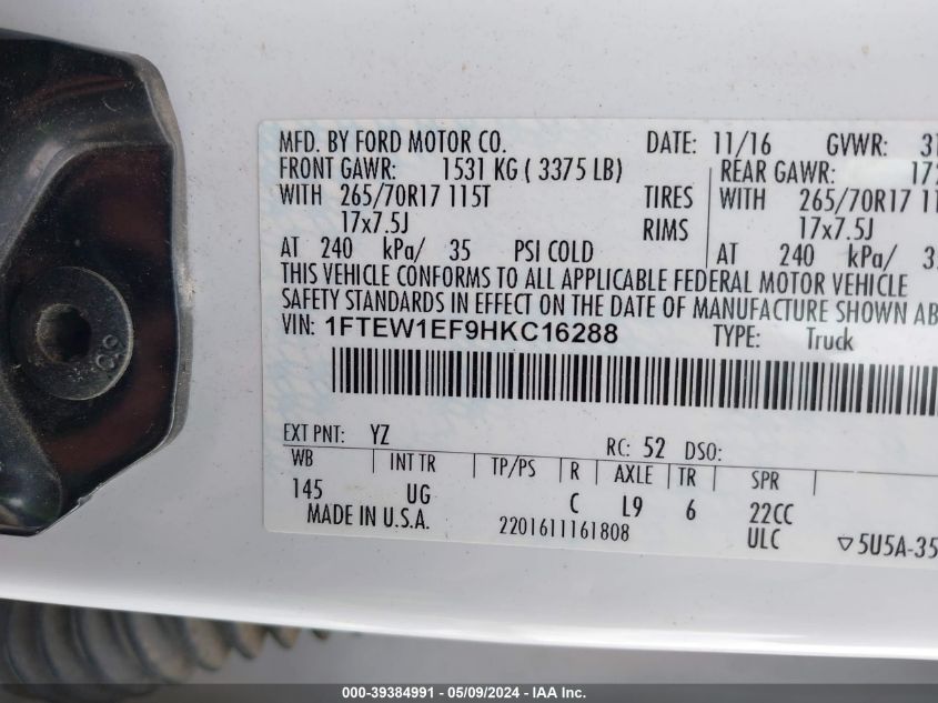 2017 Ford F-150 Xlt VIN: 1FTEW1EF9HKC16288 Lot: 39384991