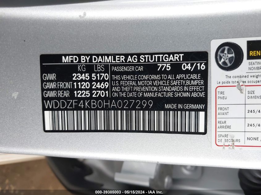 2017 Mercedes-Benz E 300 4Matic VIN: WDDZF4KB0HA027299 Lot: 39385003