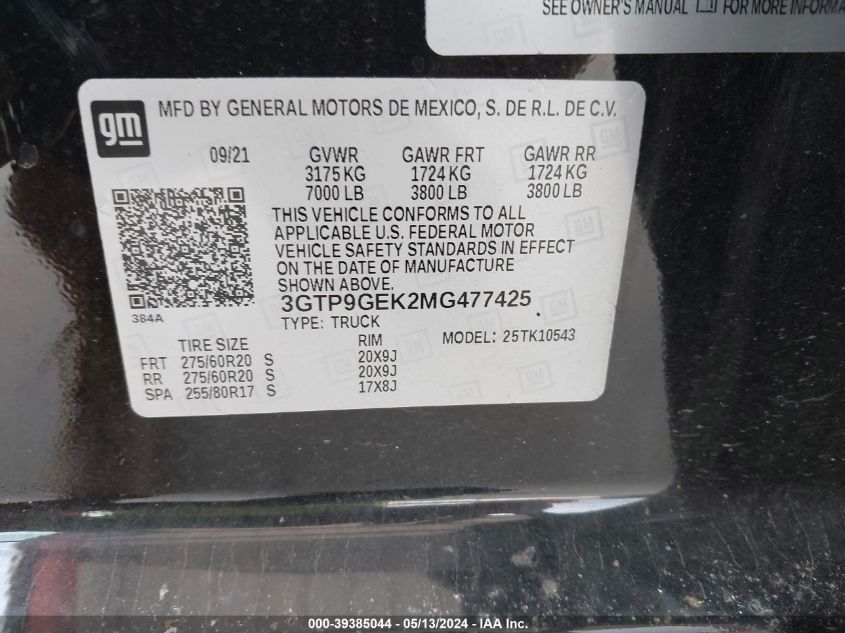 2021 GMC Sierra 1500 4Wd Short Box Elevation With 3Vl VIN: 3GTP9GEK2MG477425 Lot: 39385044