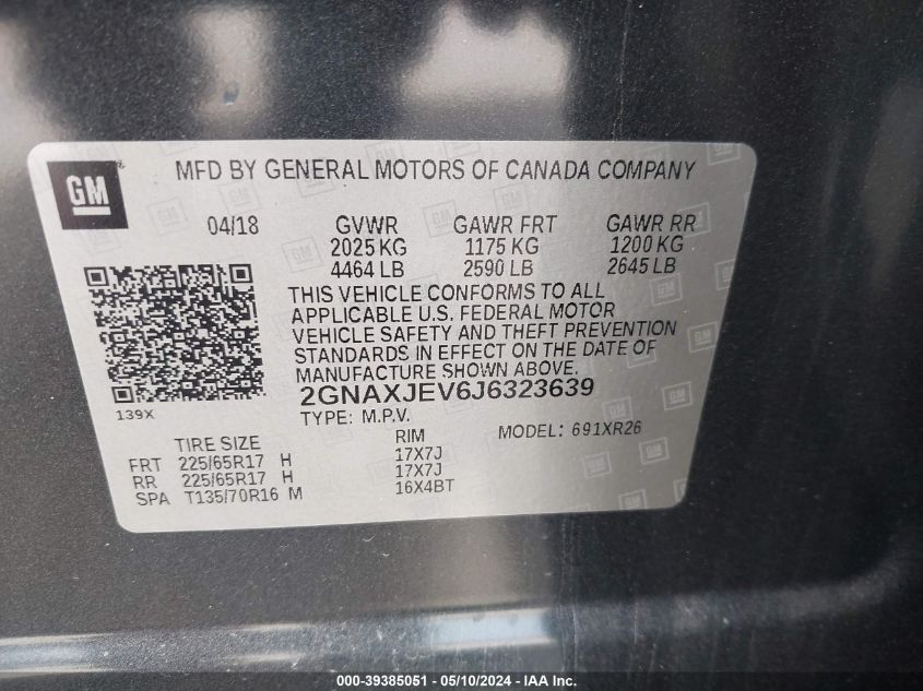 2018 Chevrolet Equinox Lt VIN: 2GNAXJEV6J6323639 Lot: 39385051