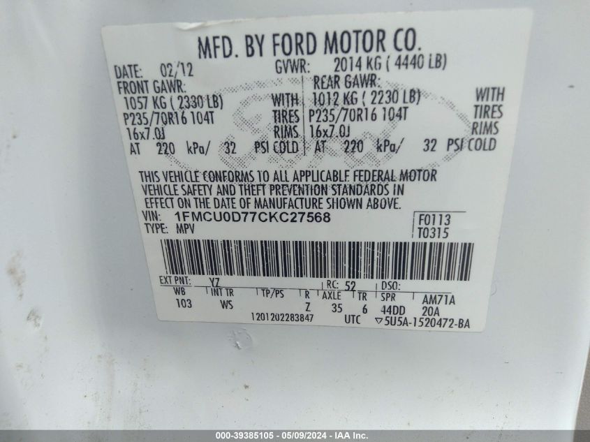 2012 Ford Escape Xlt VIN: 1FMCU0D77CKC27568 Lot: 39385105