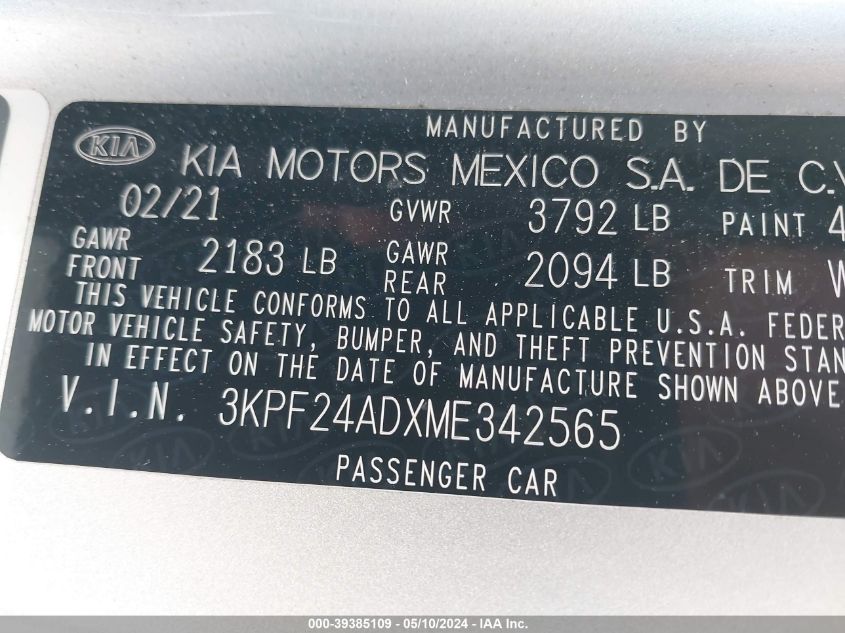 2021 Kia Forte Lxs VIN: 3KPF24ADXME342565 Lot: 39385109