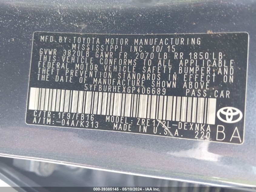 2016 Toyota Corolla Le VIN: 5YFBURHEXGP406689 Lot: 39385145