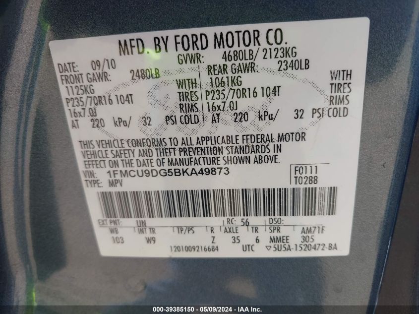 2011 Ford Escape Xlt VIN: 1FMCU9DG5BKA49873 Lot: 39385150