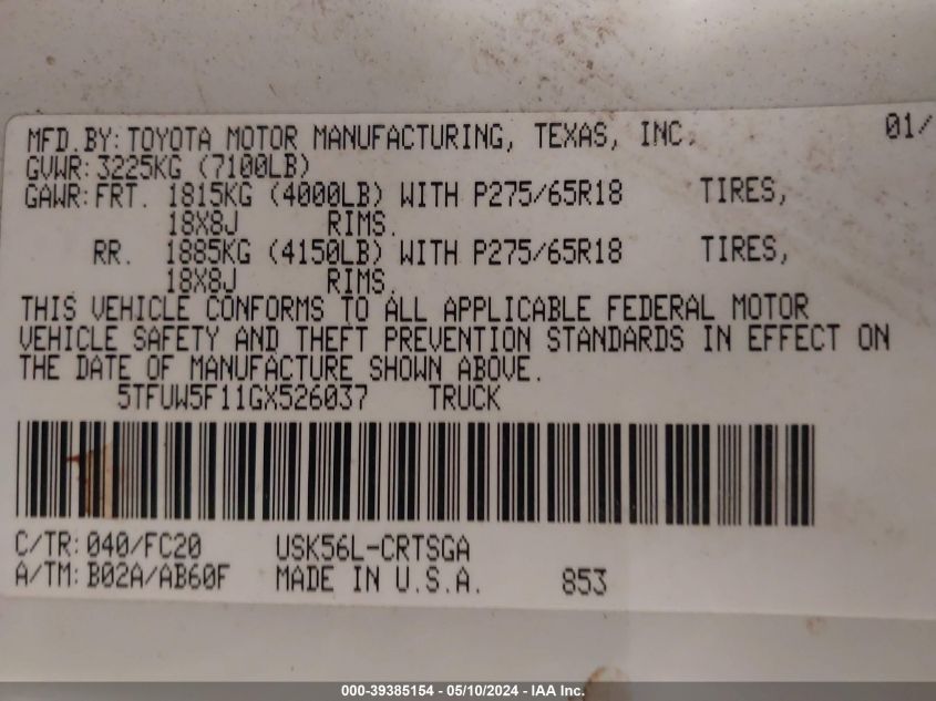 2016 Toyota Tundra Sr5 5.7L V8 VIN: 5TFUW5F11GX526037 Lot: 39385154