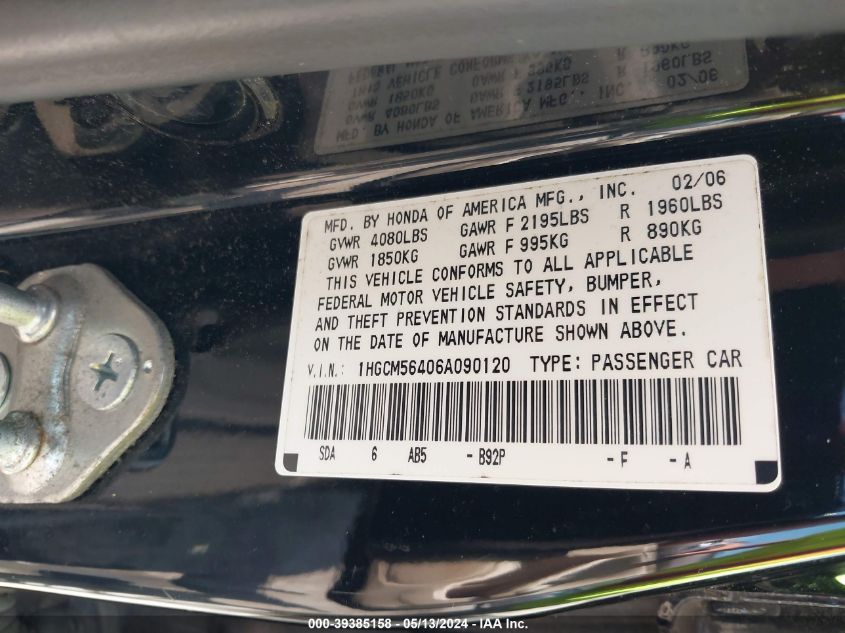 2006 Honda Accord 2.4 Lx VIN: 1HGCM56406A090120 Lot: 39385158