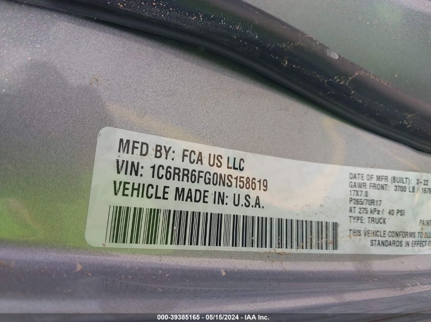 2022 Ram 1500 Classic Tradesman Quad Cab 4X2 6'4 Box VIN: 1C6RR6FG0NS158619 Lot: 39385165